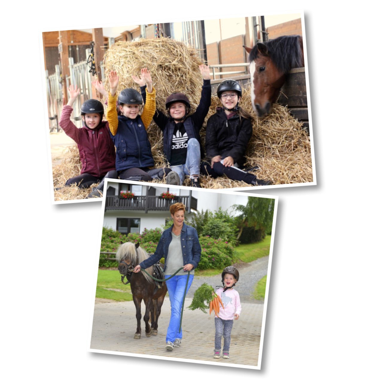 Impressionen vom Hof: Kinder spielen im Stroh und ein Pony beim Spaziergang